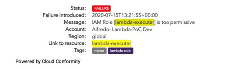 Figure 4. Conformity blocks IAM roles that are too permissive from being executed.