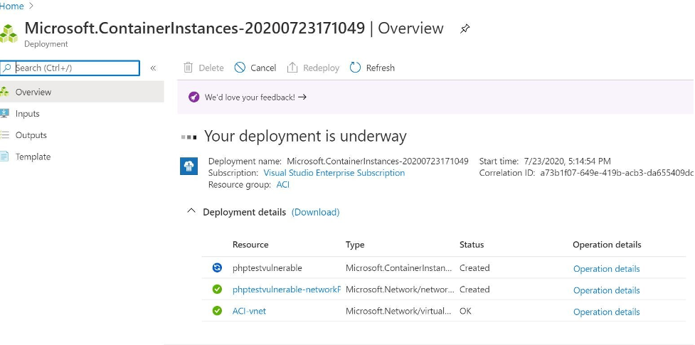 Figure 7. The Azure portal shows that the container deployment is already underway.