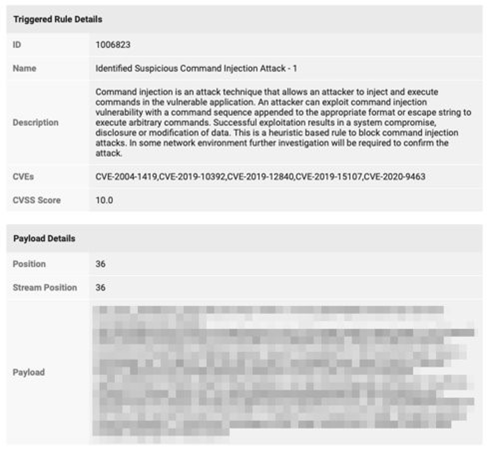 Figure 3. The Application Security console also provides a description of the suspected attack, the associated common vulnerabilities and exposures (CVEs), and payload information.