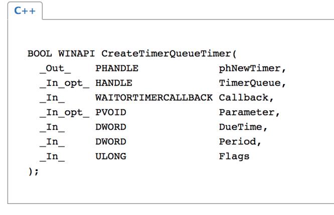 Figure 1. A CreateTimerQueueTimer API document 