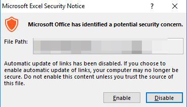  Figure 13. Popup message when the user opens the document that abuses Link Auto Update 