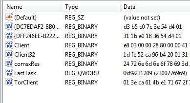  Figure 5. The registry key and entries containing scripts and binaries