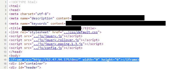  Figure 5. Source code of a compromised website with an injected hidden iframe that redirects the victim to the Novidade exploit kit