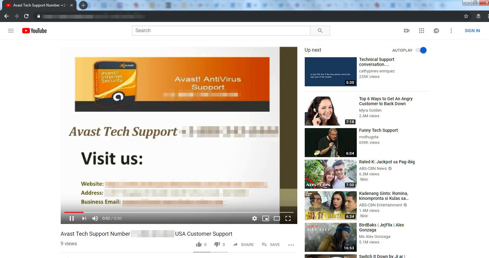 Figure 3. Screenshots of tech support scams purporting to be representing legitimate security companies posted on YouTube and Facebook