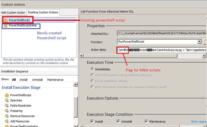 Figure 15. Custom actions indicating existing and newly created PowerShell scripts
