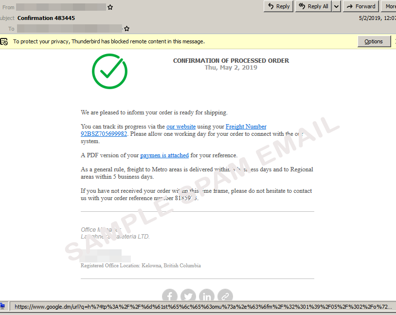 Figure 1. Sample spam email with redirection URL