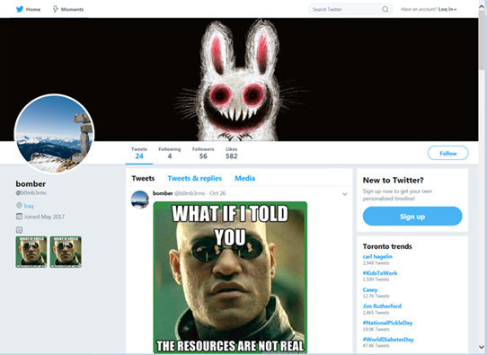 A screen capture of the malicious Twitter account