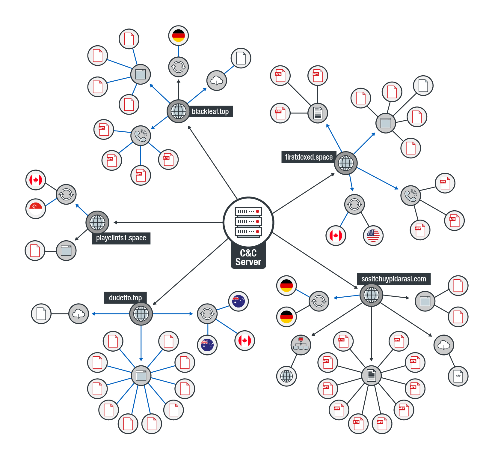 Anubis’ C&C infrastructure, including the domains where it retrieves the payload