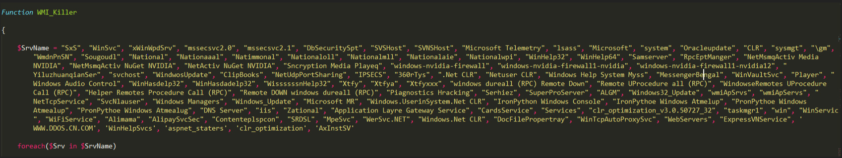 Figure 1. List of service names that WMI_Killer terminates and deletes