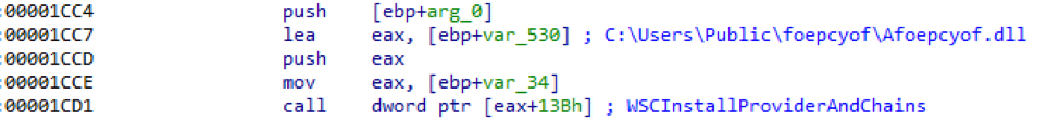 Figure 9. Screengrab of code showing the installation of the infection’s fourth stage on the victim machine as “WSCInstallProviderAndChains”