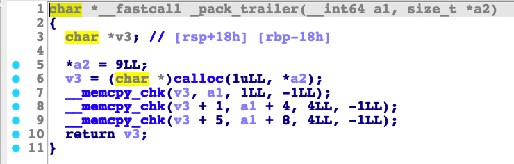 Code snippet of pack_trailer()