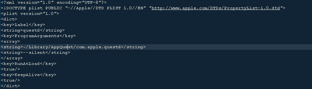 Content of the installed LaunchAgent with its target com.apple.questd
