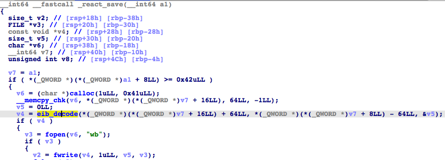 Disassembly of the _react_save() function calling the eib_decode() function