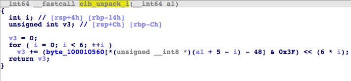 Code snippet of eib_unpack_i function