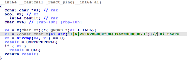 Disassembly of _react_ping() showing the encrypted string “Hi there” used for checking.