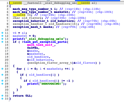 Code snippet showing ThiefQuest checking of debugging for the current process