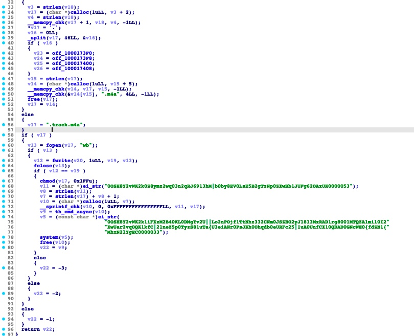 Code snippet showing ThiefQuest's disassembly of run_audio function