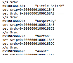 List and memory dump showing what security tools are terminated