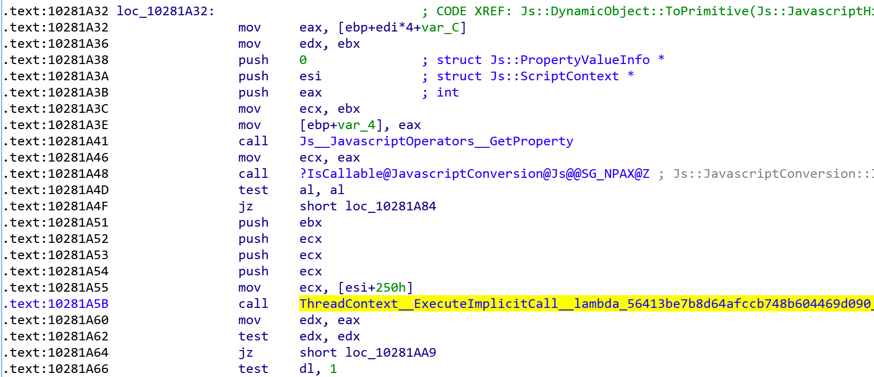 Code snippet of Js::DynamicObject::ToPrimitive