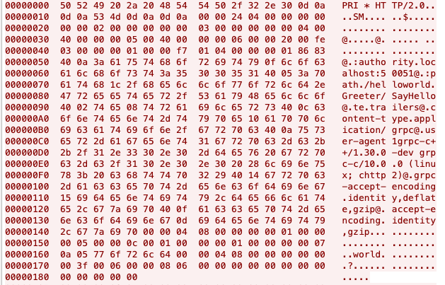 Example of a packet capture from an unsecure gRPC call