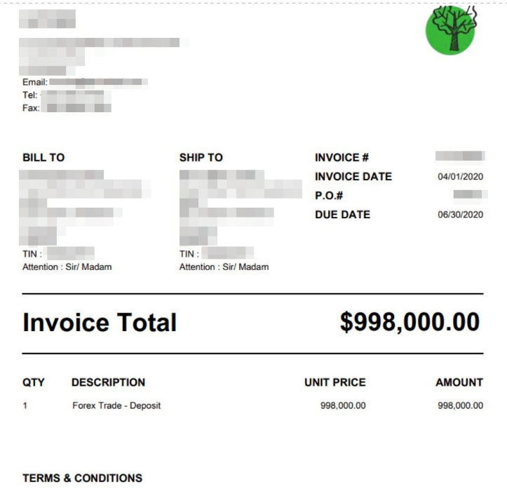A sample fake PDF invoice in a BEC email
