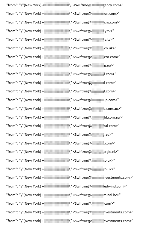 Email header “from” field shows New York and various email accounts indicating “Swiftme@{company domain names}”