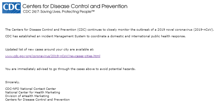 A fake CDC email that uses Covid-19 as bait