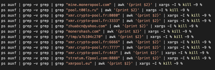 Screenshot 4 of 4 of cryptocurrency-mining malware code that kills off other existing cryptocurrency-mining malware in an infected system or device