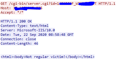 Figure 18. C&C server responding with a "Not regular victim!" message