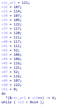 Figure 28. C&C URL address stored in encrypted form (the DO WHILE loop is used for string decryption)