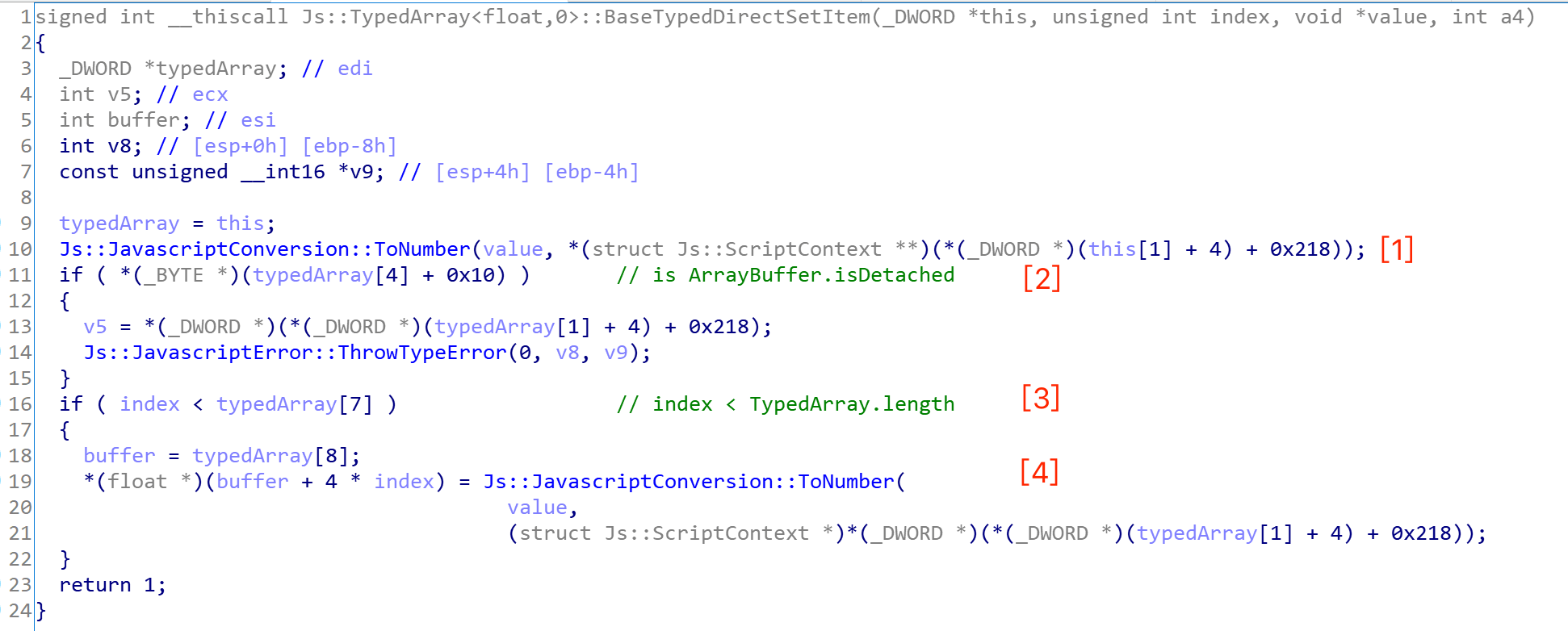 Code snippet of Js::TypedArray<float ,0>::BaseTypedDirectSetItem