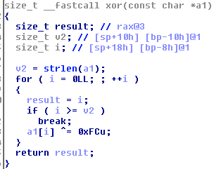 Decryption algorithm used to obtain the names of hidden literals and hooked functions