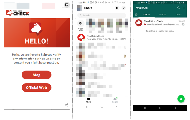 Figure 1. Trend Micro Check in Google Chrome (Windows), Facebook Messenger and WhatsApp (Android)