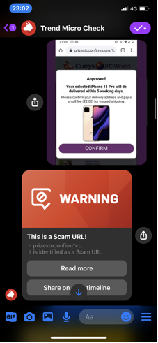 Figure 6. ScamCheck in Facebook Messenger (iOS) warns you about a sale scam