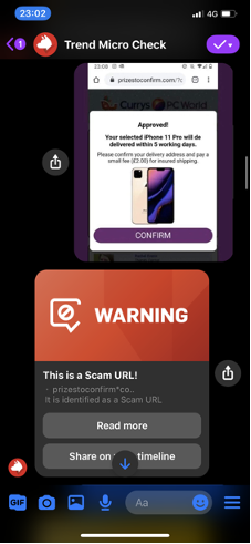 Figure 6. Trend Micro Check in Facebook Messenger (iOS) warns you about a sale scam