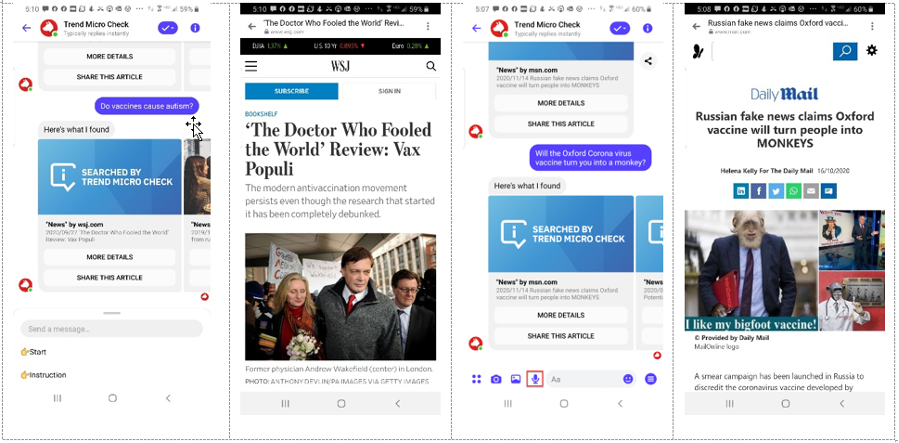 Figure 3. Trend Micro Check in Facebook Messenger checking false claims about vaccines