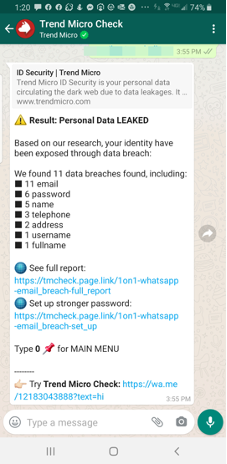 Figure 5. Trend Micro Check in WhatsApp checking if your email address has been leaked