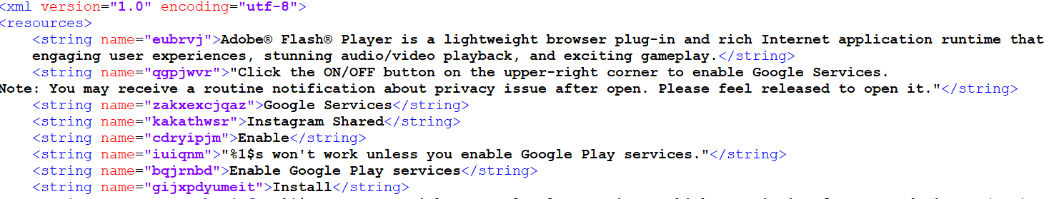 An extract of a strings.xml file of an obfuscated application