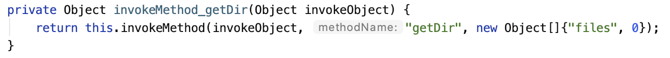 An example of a replacement getDir() method by reflection call. In the image, however, string arguments are already decrypted.