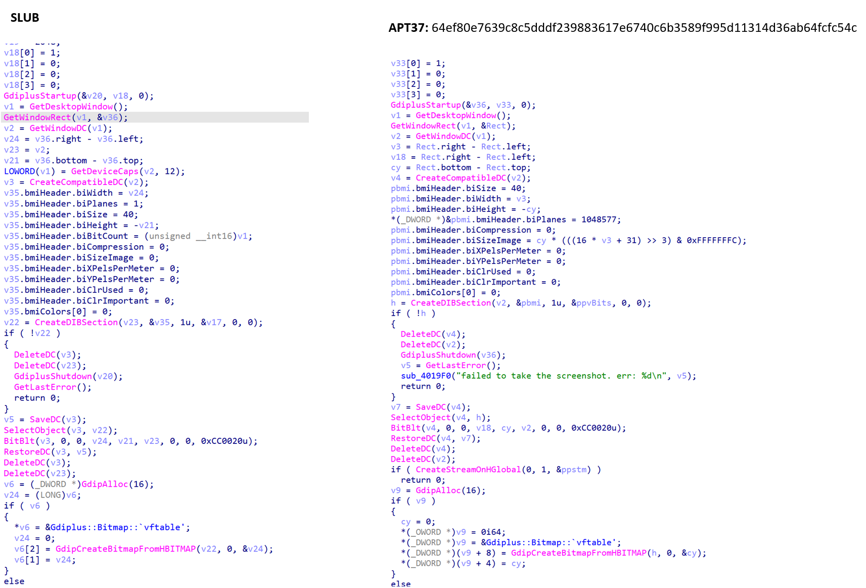 Figure 12. Screenshot functionality comparison between SLUB and APT37