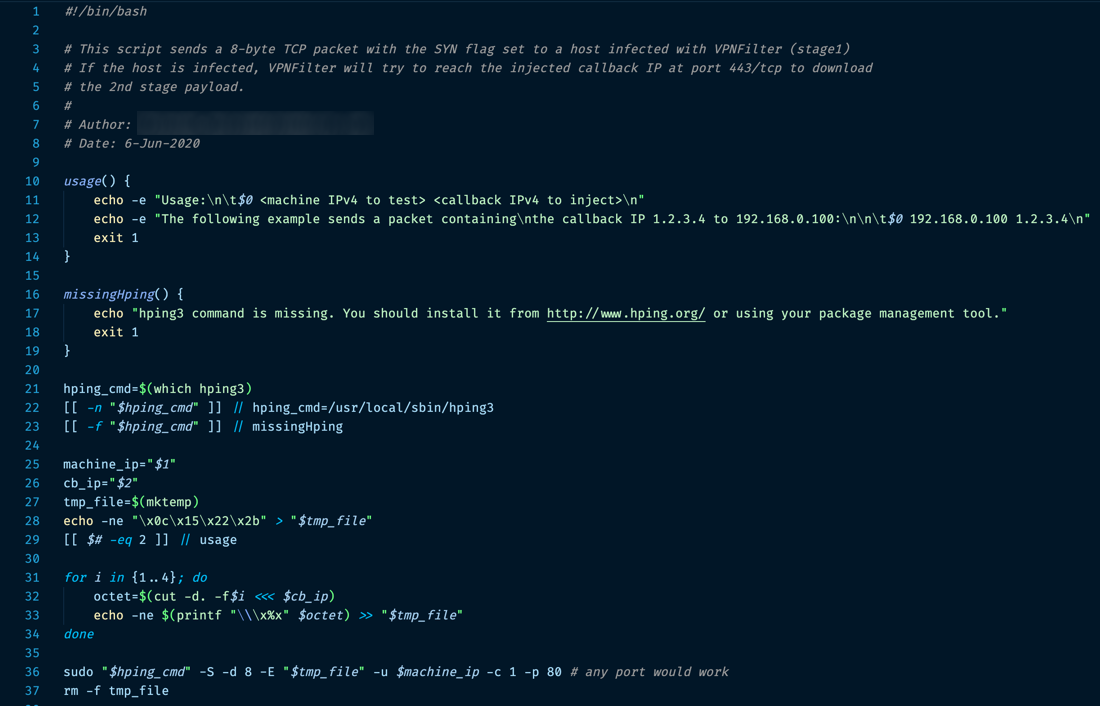 Figure 10. A Bash script that sends a specially crafted packet to a host